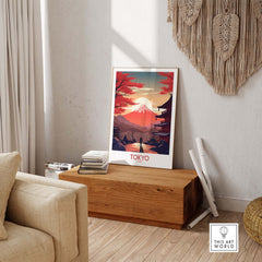 Tokyo wall art featuring Mount Fuji at sunset, showcasing modern design for home decor and gift ideas.