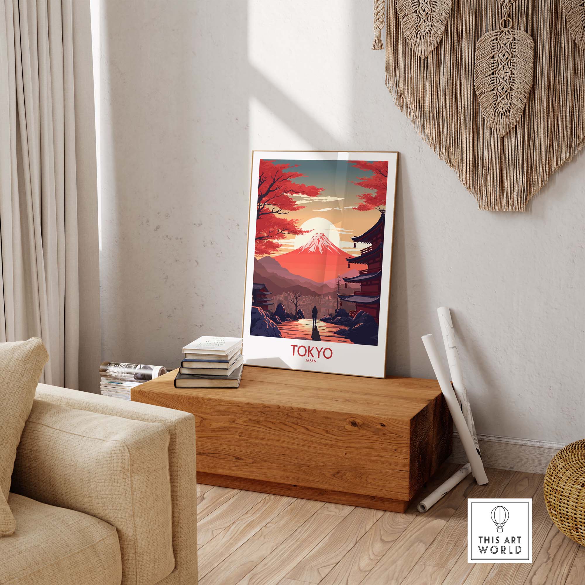 Tokyo wall art featuring Mount Fuji at sunset, showcasing modern design for home decor and gift ideas.