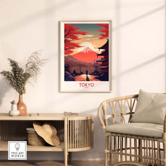 Modern Tokyo wall art featuring Mount Fuji at sundown in stylish interior setting.