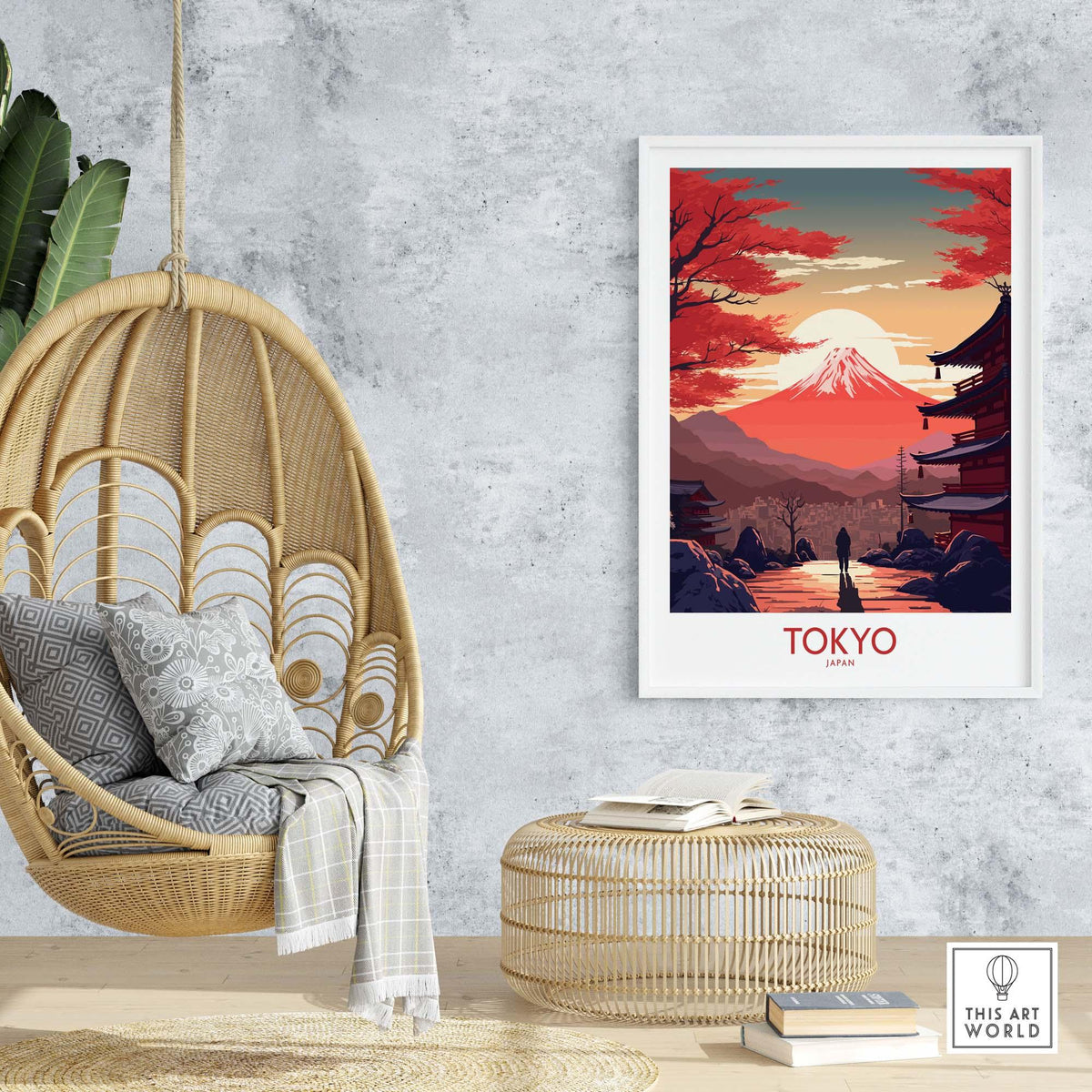 Tokyo wall art featuring Mount Fuji at sunset, modern Japanese decor for stylish interiors.