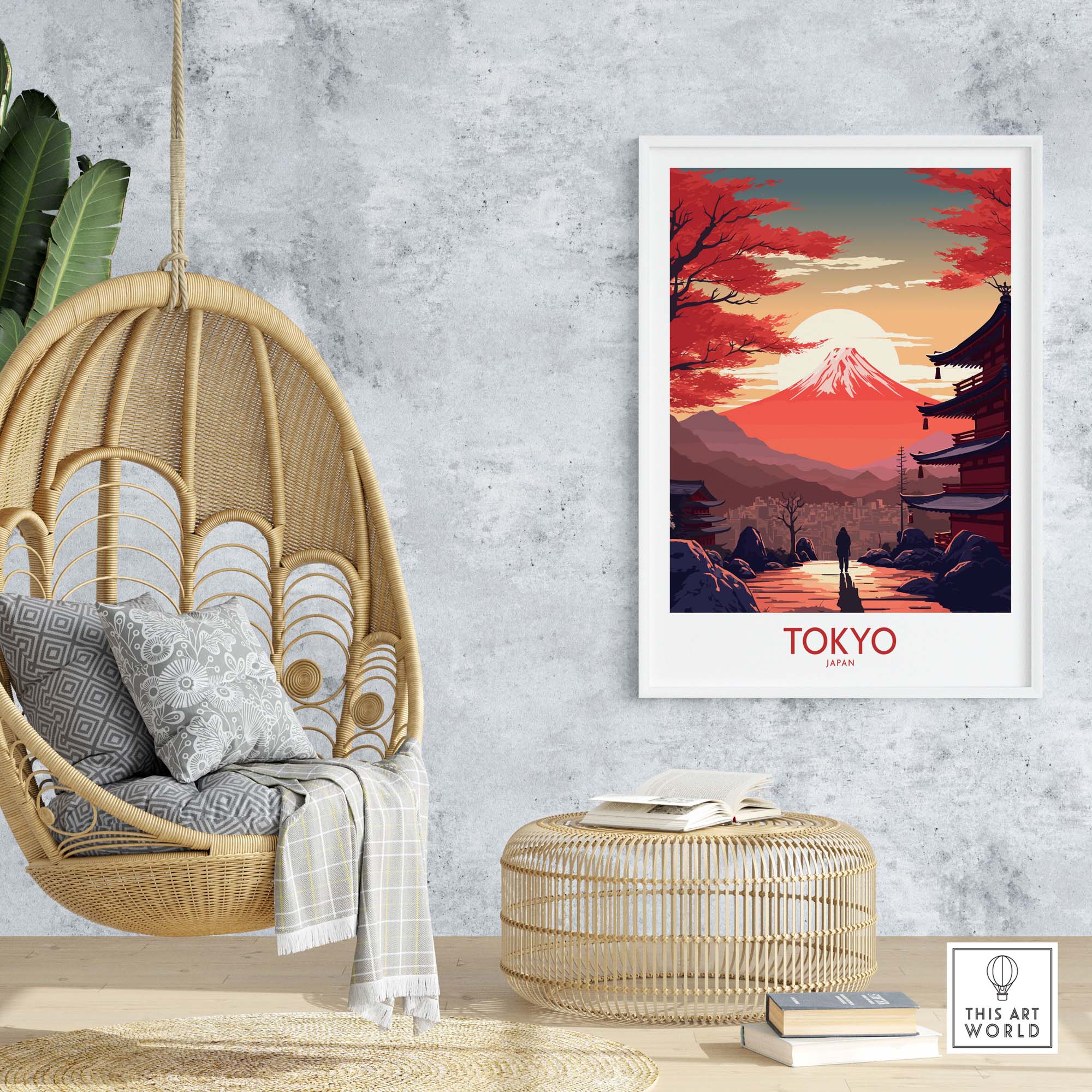 Tokyo wall art featuring Mount Fuji at sunset, modern Japanese decor for stylish interiors.