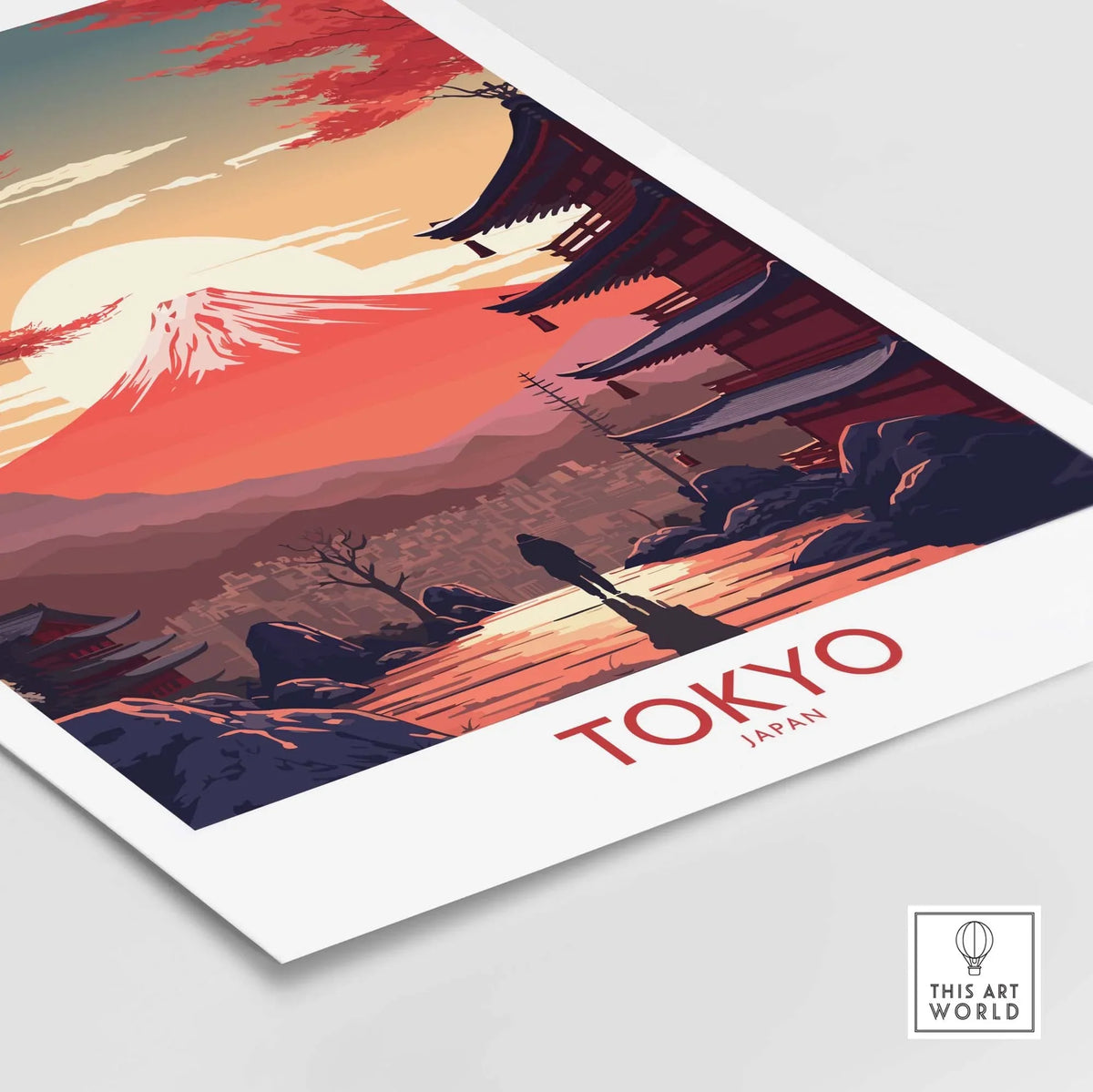 Modern Tokyo wall art featuring Mount Fuji at sunset, perfect for home decor or unique gifts, showcasing Japan's beauty.