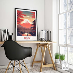 Modern Tokyo wall art featuring Mount Fuji at sunset, ideal for home decor and gifts.