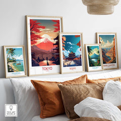 Artistic display of Tokyo wall art and other international prints showcasing vibrant landscapes and modern design.