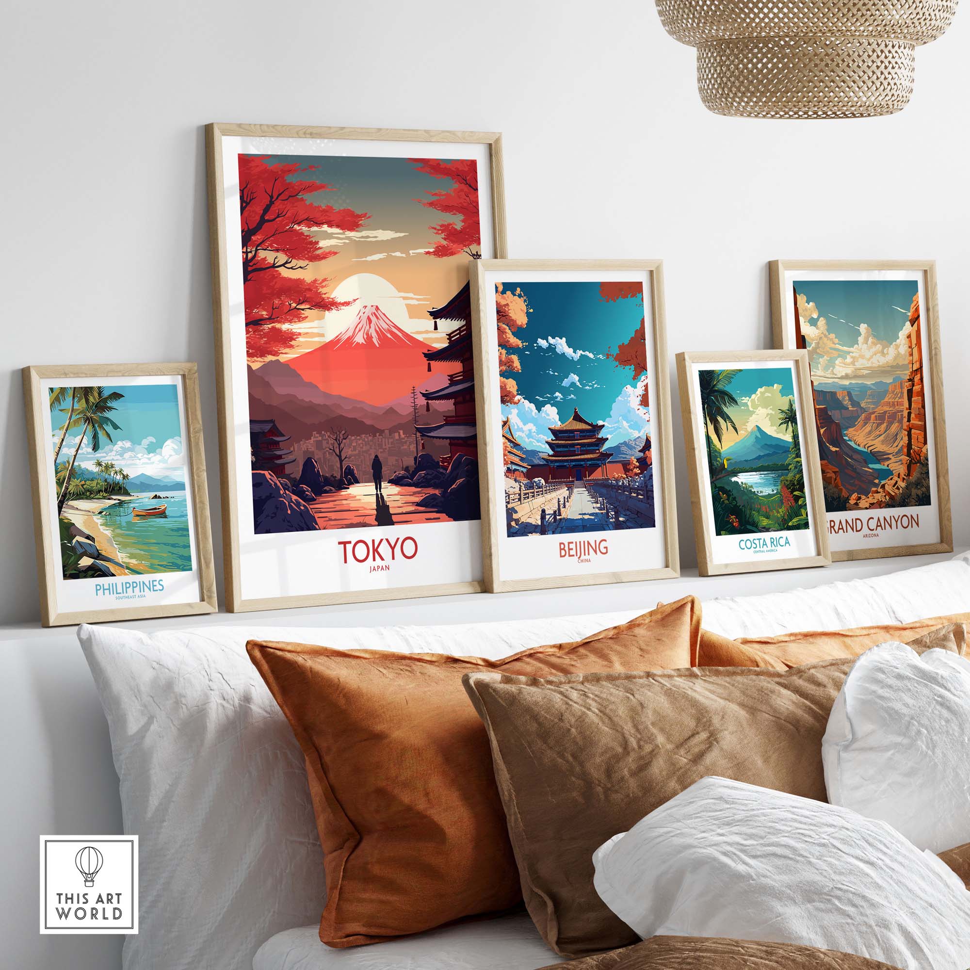Artistic display of Tokyo wall art and other international prints showcasing vibrant landscapes and modern design.