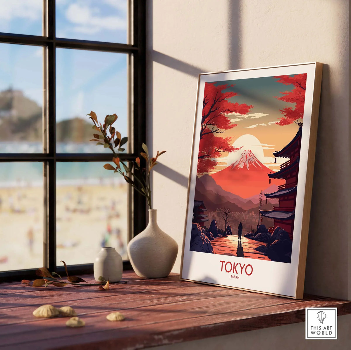 Modern wall art depicting Mount Fuji at sunset, showcasing Tokyo's beauty and elegance, perfect for home decor.