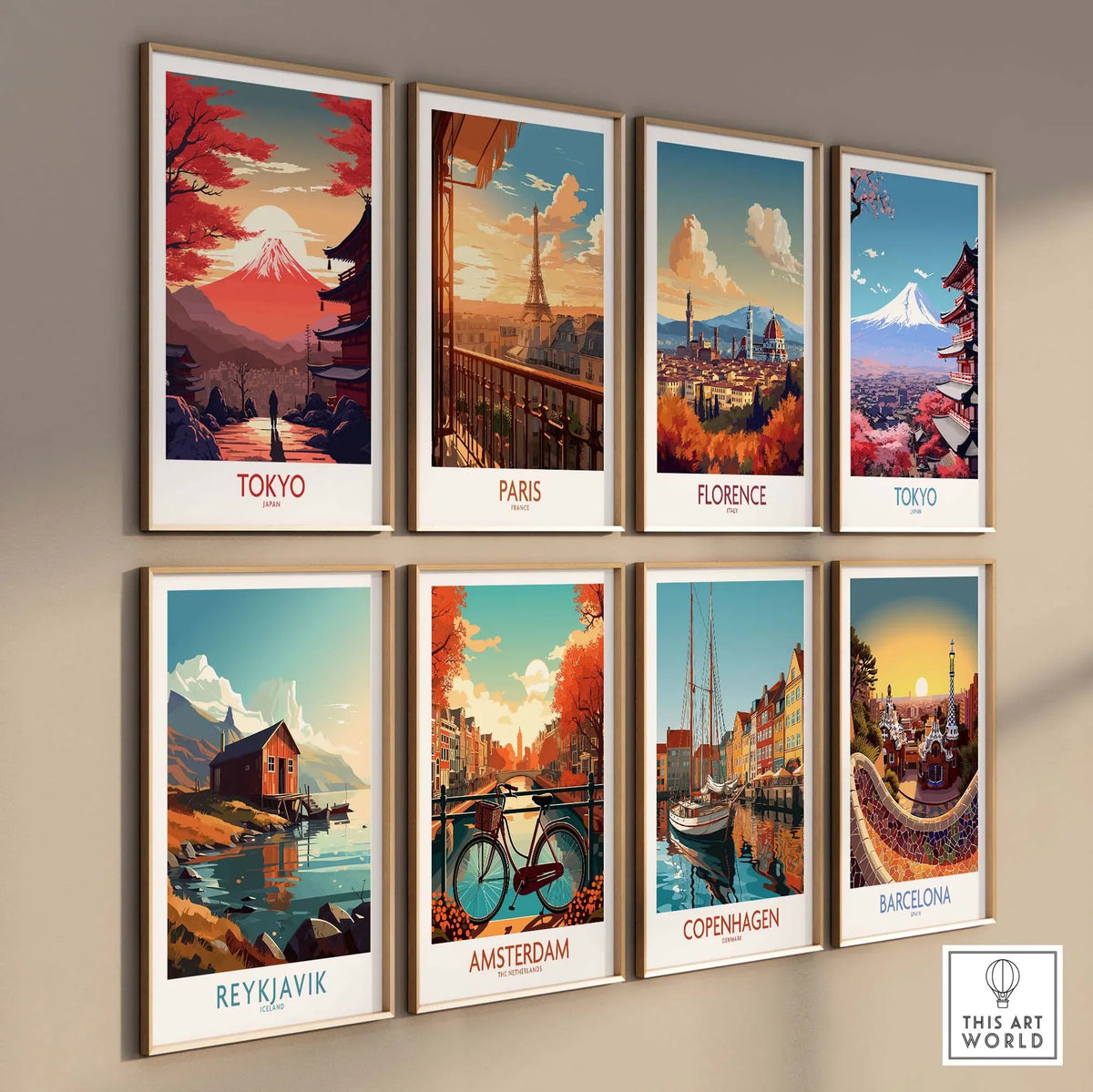Collection of modern cityscape wall art prints featuring Tokyo, Paris, Florence, Reykjavik, Amsterdam, Copenhagen, and Barcelona.