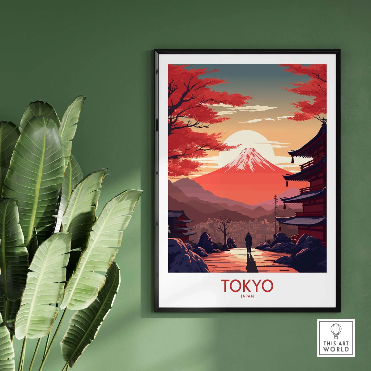 Tokyo wall art featuring Mount Fuji at sunset, framed and displayed against a green wall, showcasing modern Japanese aesthetics.