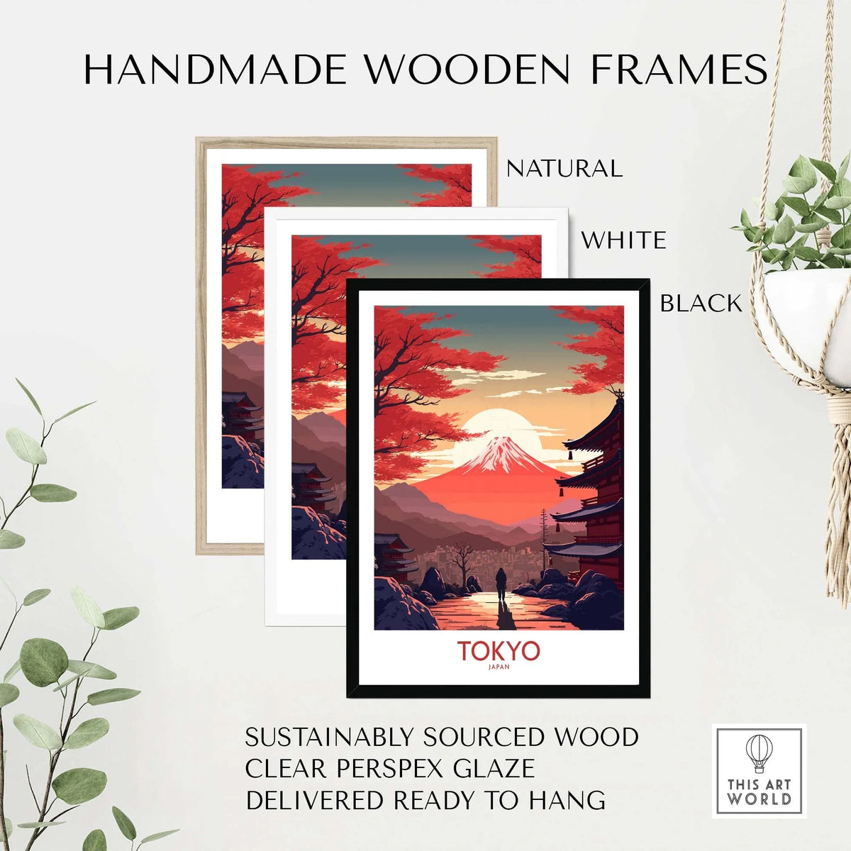 Handmade wooden frames in natural, white, and black for Tokyo wall art, crafted from sustainably sourced wood.