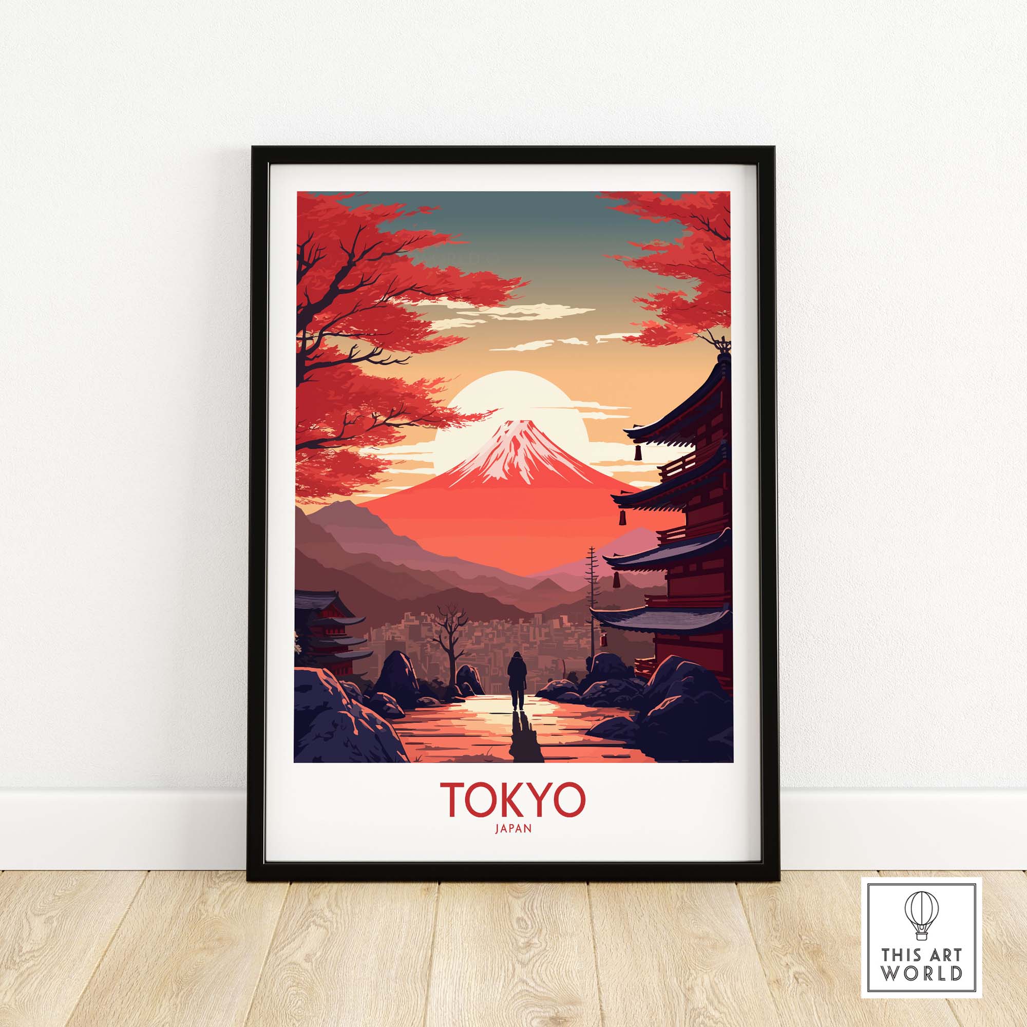 Tokyo wall art featuring Mount Fuji at sunset, modern style, perfect for home decor and unique gifts.