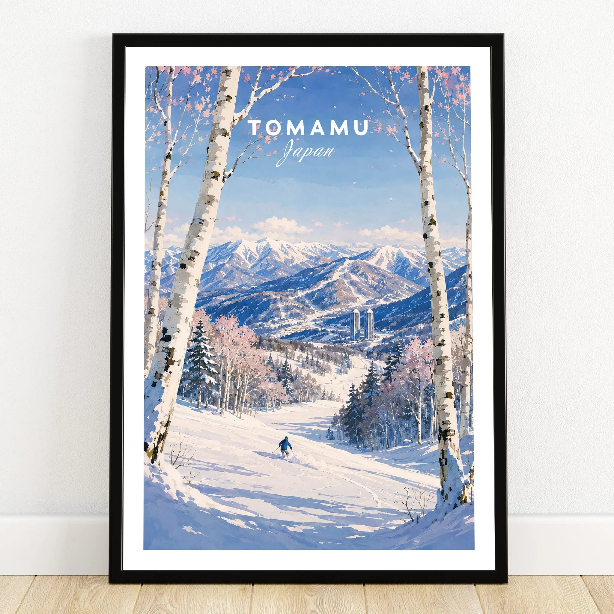 Tomamu Japan Ski Resort Travel Poster — art print in black frame on wooden floor