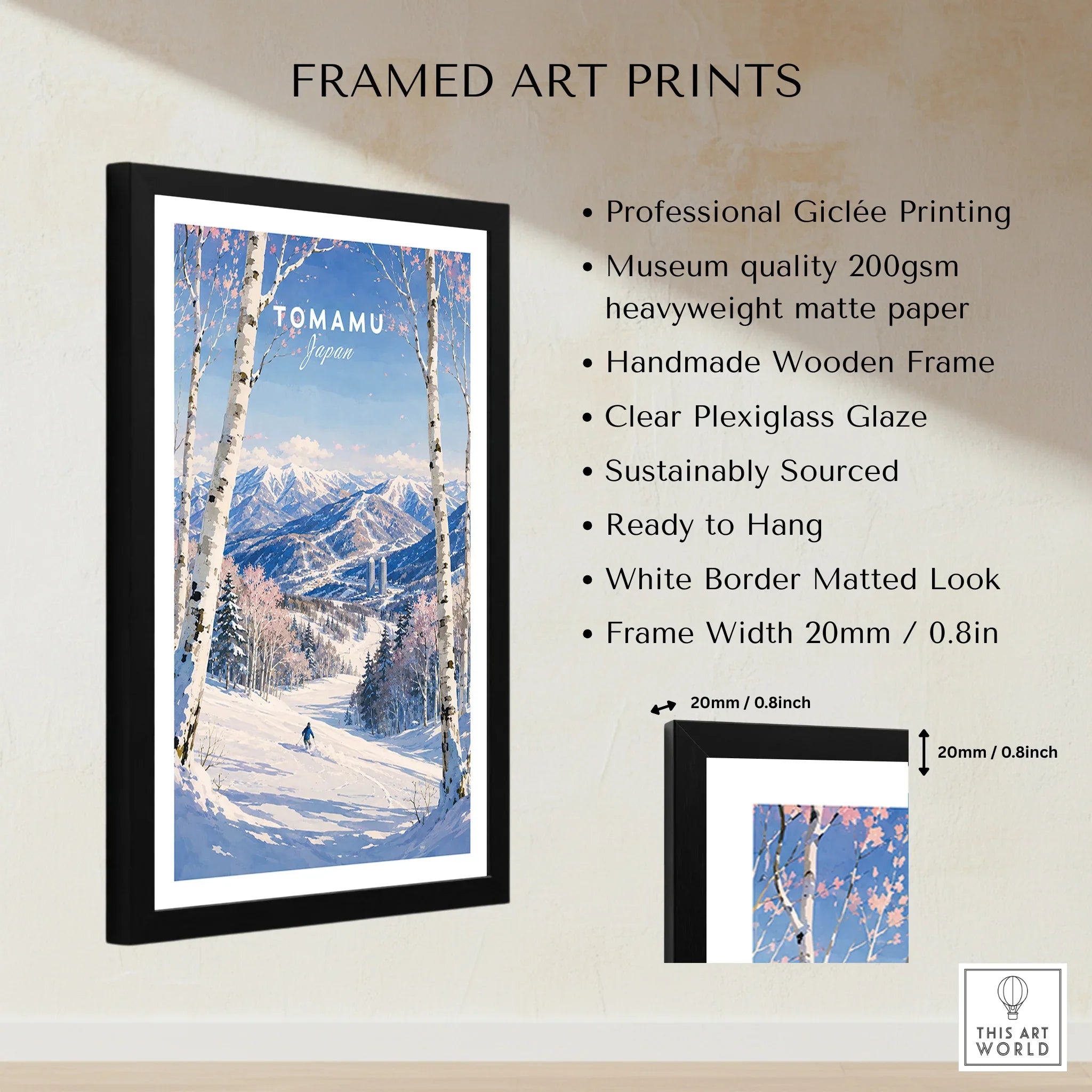 Tomamu Japan Ski Resort Travel Poster — framed print details measurements quality details