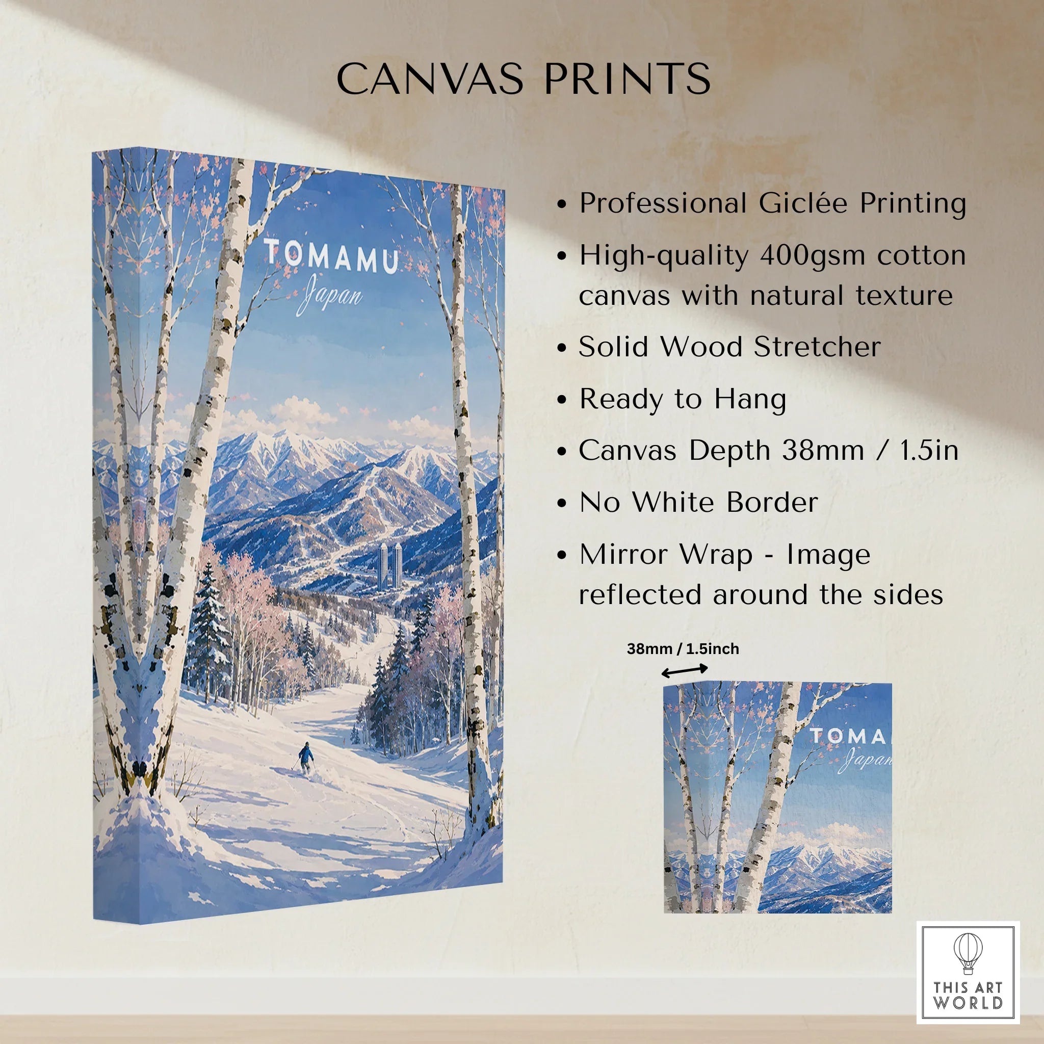 Tomamu Japan Ski Resort Travel Poster — canvas print stretched cotton canvas details