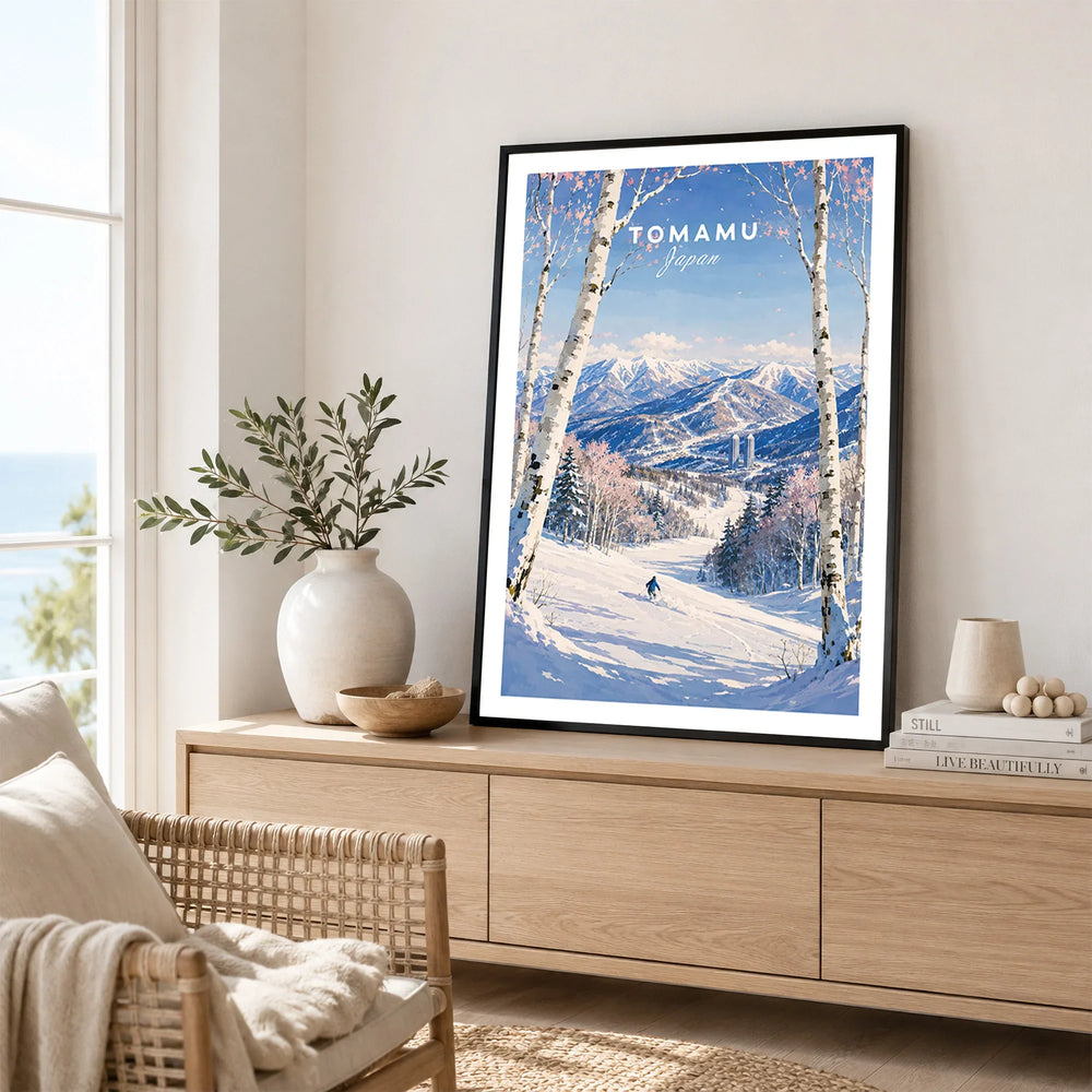 Tomamu Japan Ski Resort Travel Poster — framed artwork living room lifestyle setting