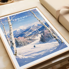 Tomamu Japan Ski Resort Travel Poster — framed art print closeup gift unwrapped natural frame