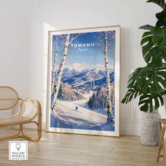 Tomamu Japan Ski Resort Travel Poster — large framed print room setting chair plant