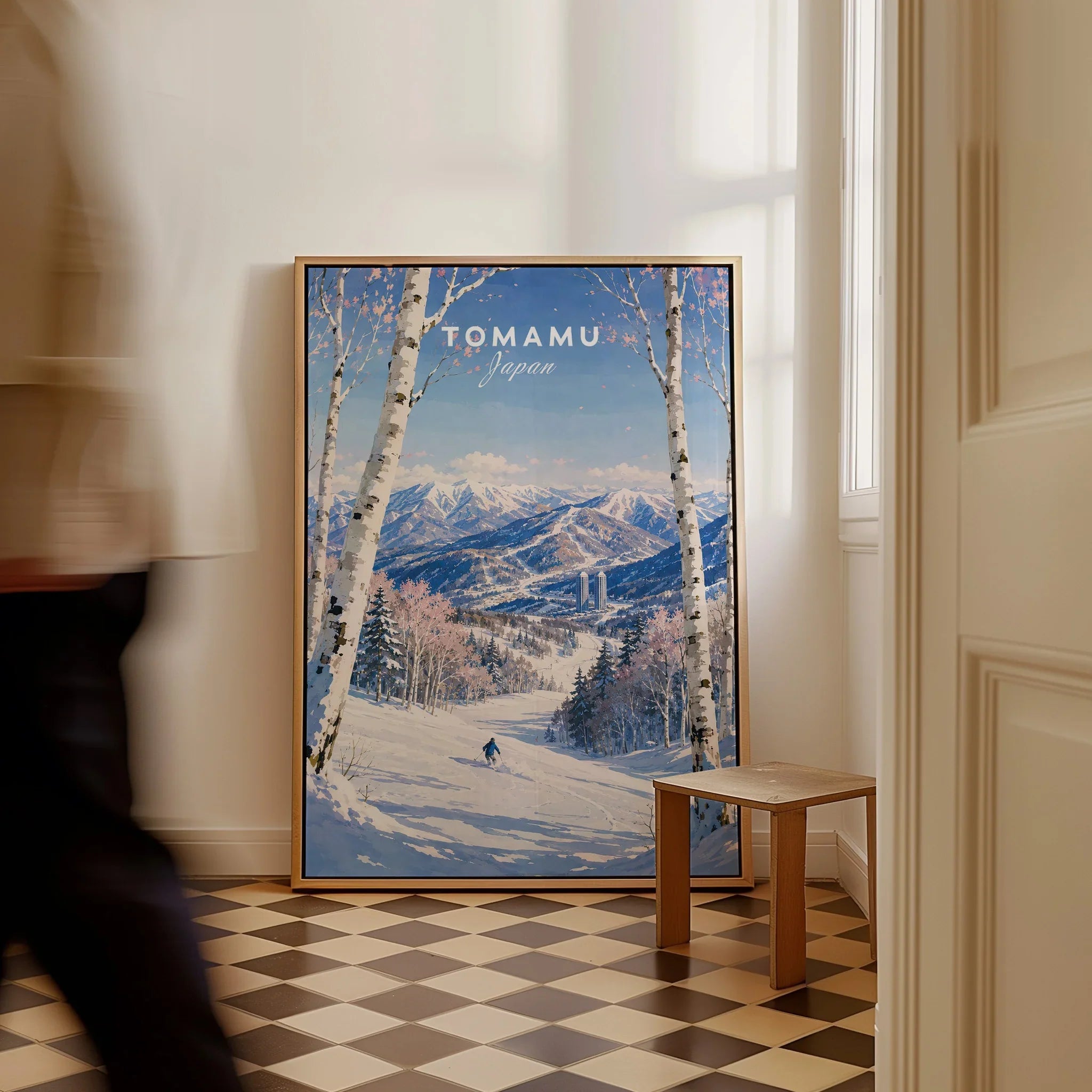 Tomamu Japan Ski Resort Travel Poster — framed canvas on floor man walking past