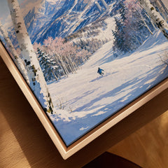 Tomamu Japan Ski Resort Travel Poster — closeup framed canvas natural wood floating frame