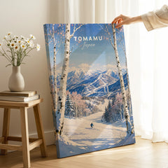 Tomamu Japan Ski Resort Travel Poster — canvas print mirror edge hand holding room setting