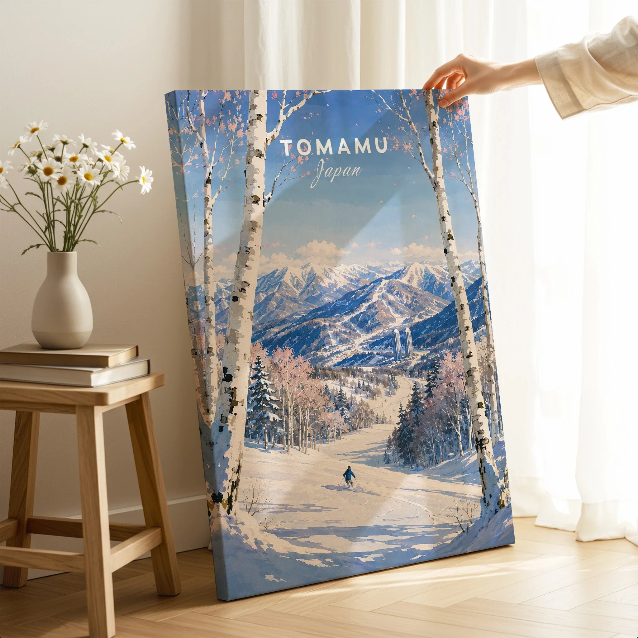 Tomamu Japan Ski Resort Travel Poster — canvas print mirror edge hand holding room setting