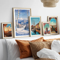 Tomamu Japan Ski Resort Travel Poster — set five framed artprints above bed natural wood frames