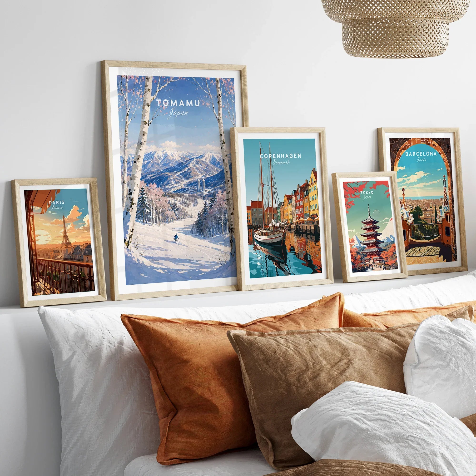 Tomamu Japan Ski Resort Travel Poster — set five framed artprints above bed natural wood frames