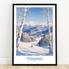 Tomamu Japan Mountains Wall Art — art print in black frame on wooden floor