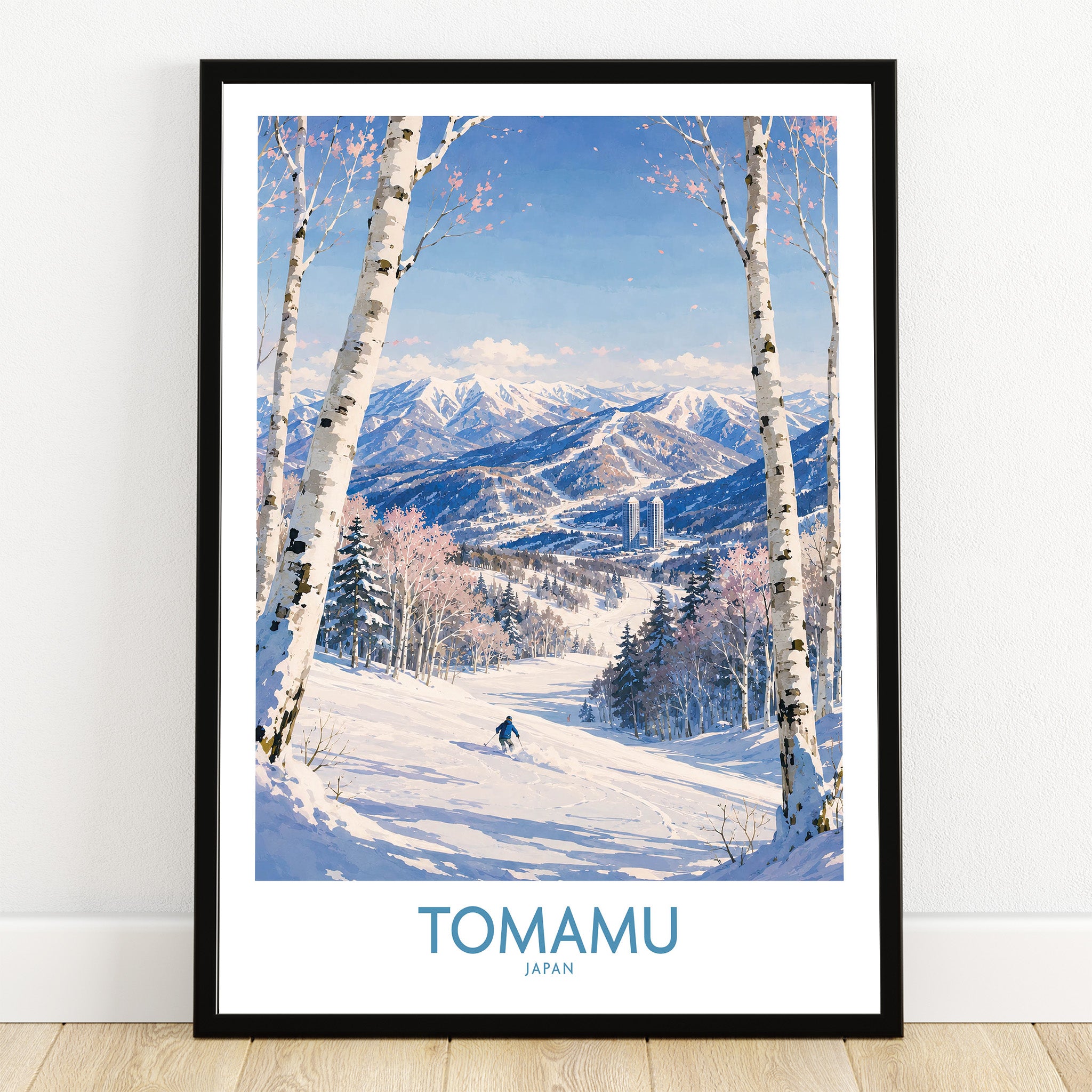 Tomamu Japan Mountains Wall Art — art print in black frame on wooden floor