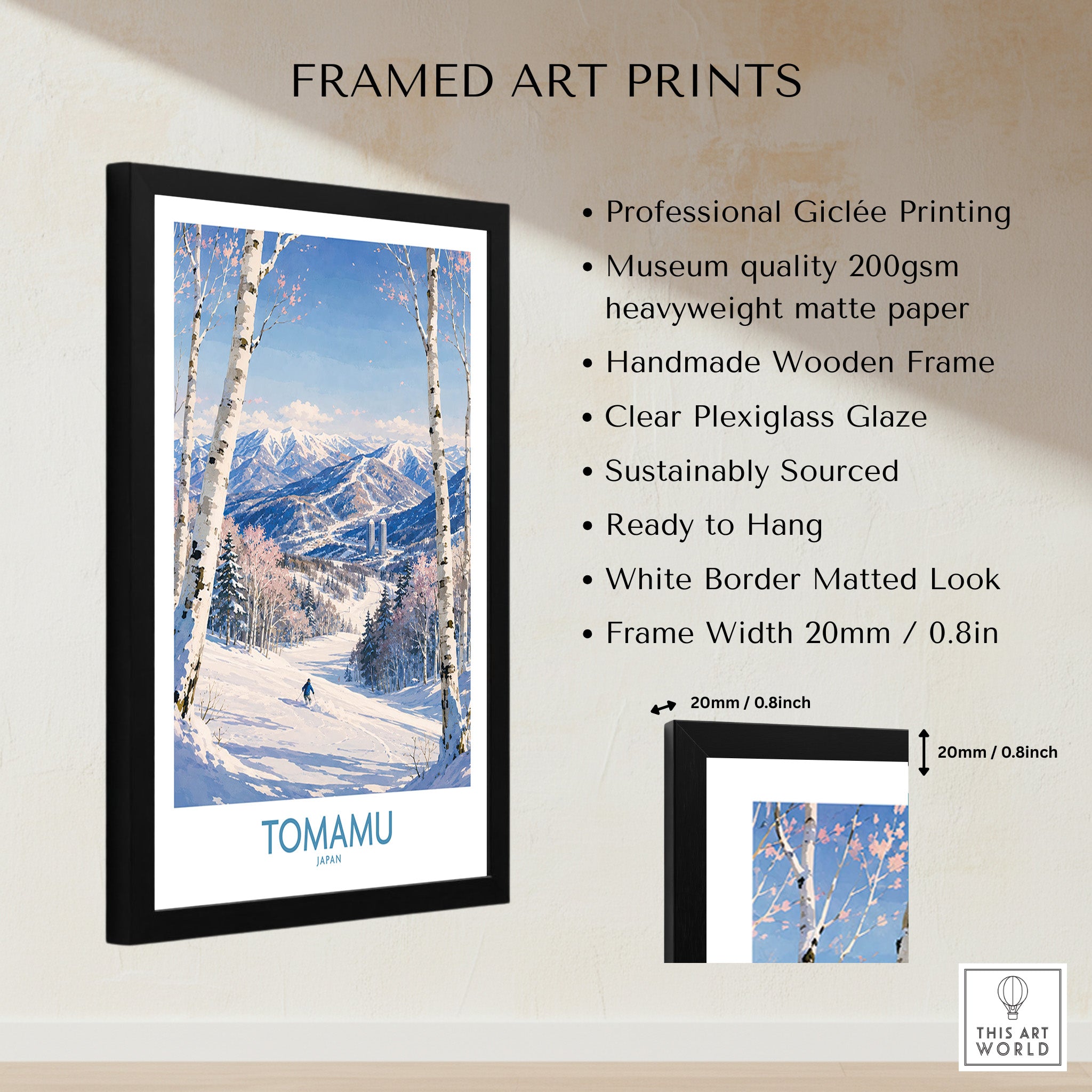 Tomamu Japan Mountains Wall Art — framed print details measurements quality details