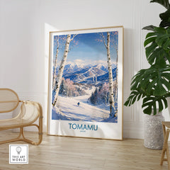 Tomamu Japan Mountains Wall Art — large framed print room setting chair plant