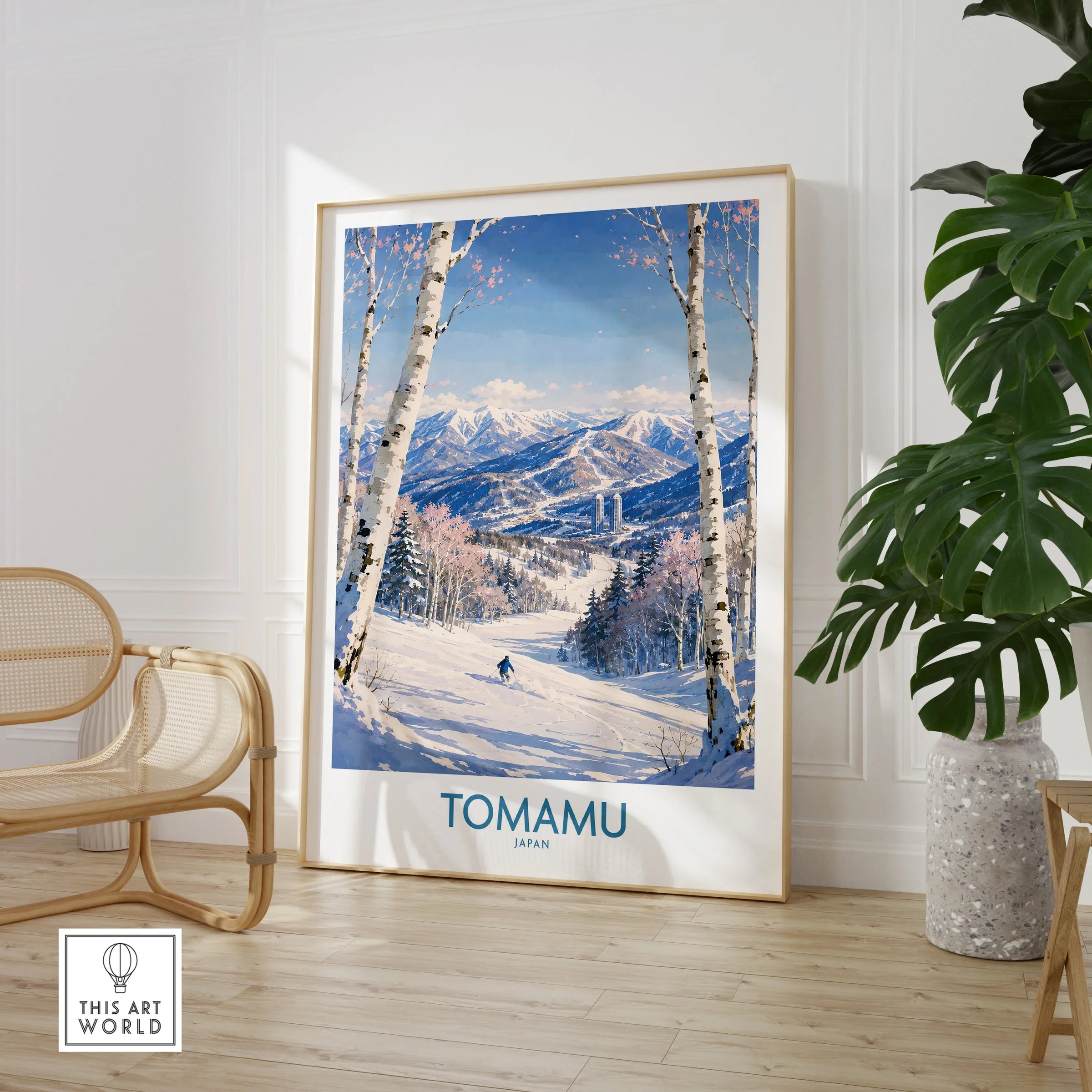 Tomamu Japan Mountains Wall Art — large framed print room setting chair plant