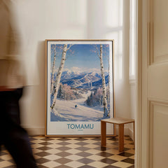 Tomamu Japan Mountains Wall Art — framed canvas on floor man walking past