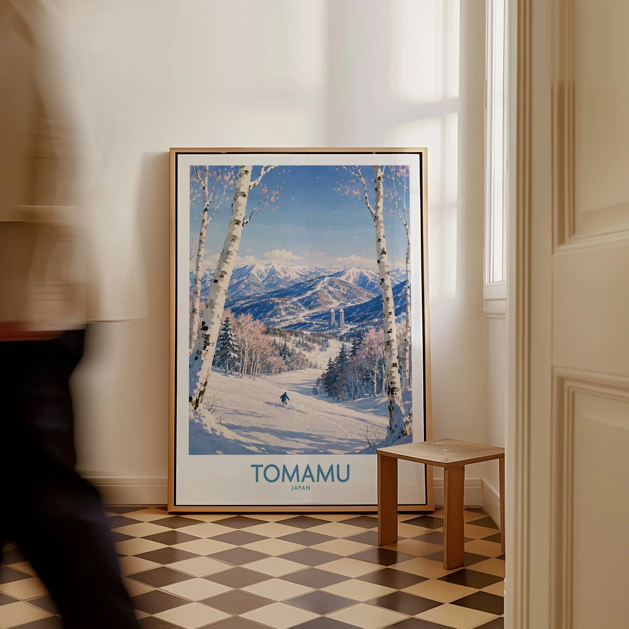 Tomamu Japan Mountains Wall Art — framed canvas on floor man walking past