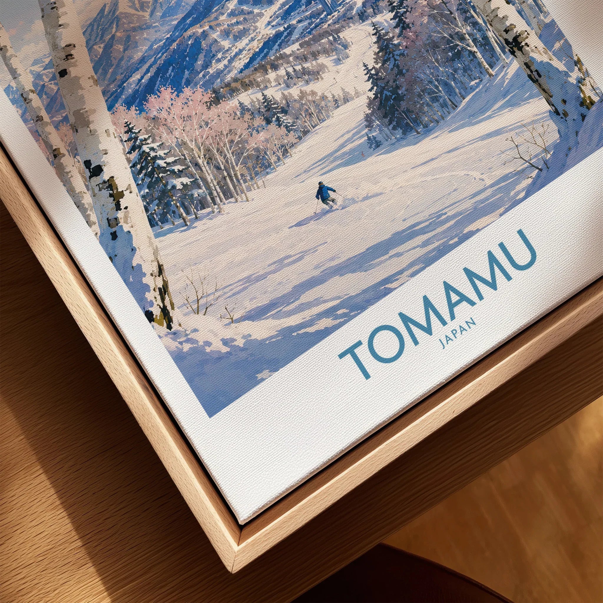 Tomamu Japan Mountains Wall Art — closeup framed canvas natural wood floating frame
