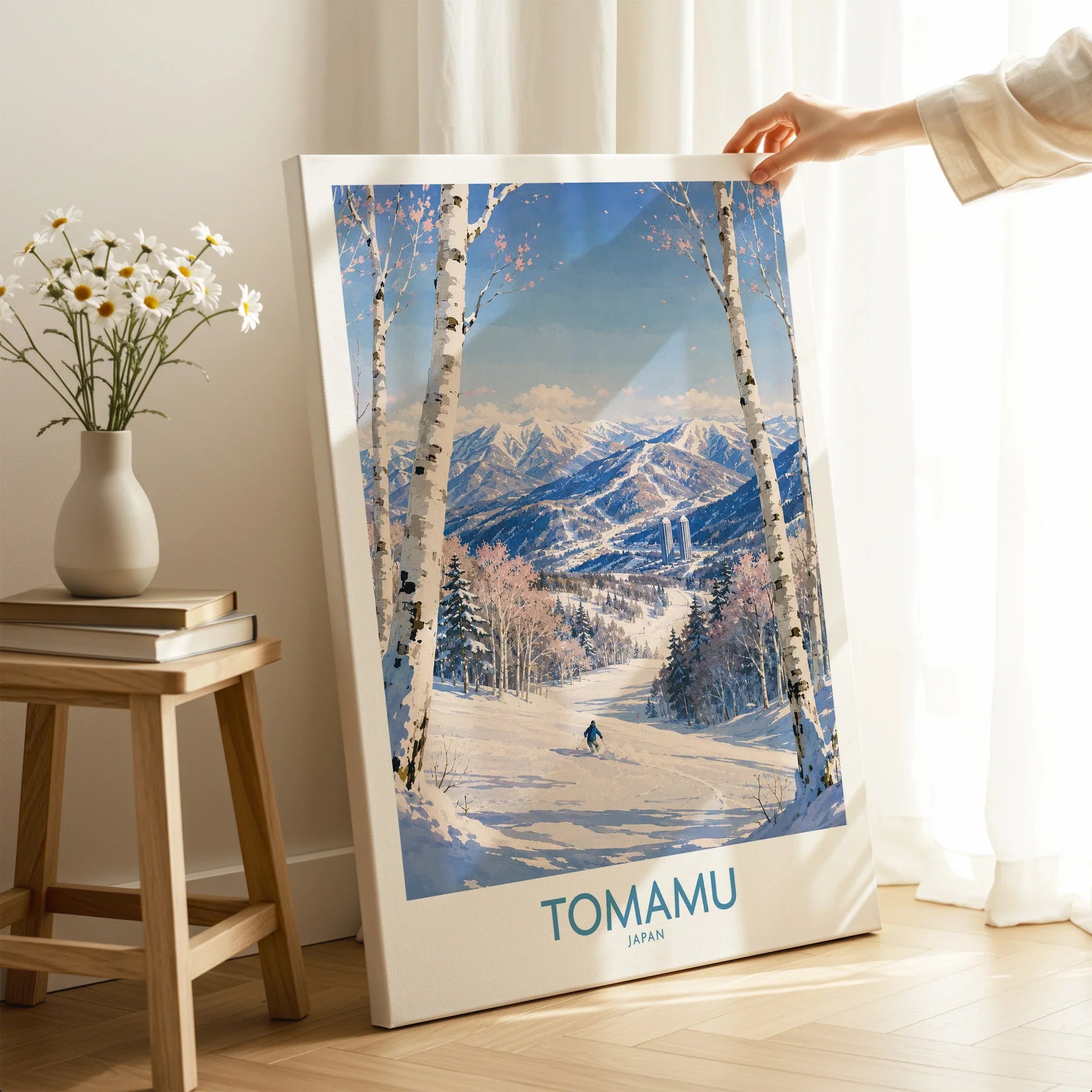 Tomamu Japan Mountains Wall Art — canvas print mirror edge hand holding room setting