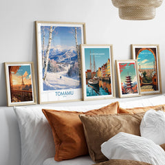 Tomamu Japan Mountains Wall Art — set five framed artprints above bed natural wood frames