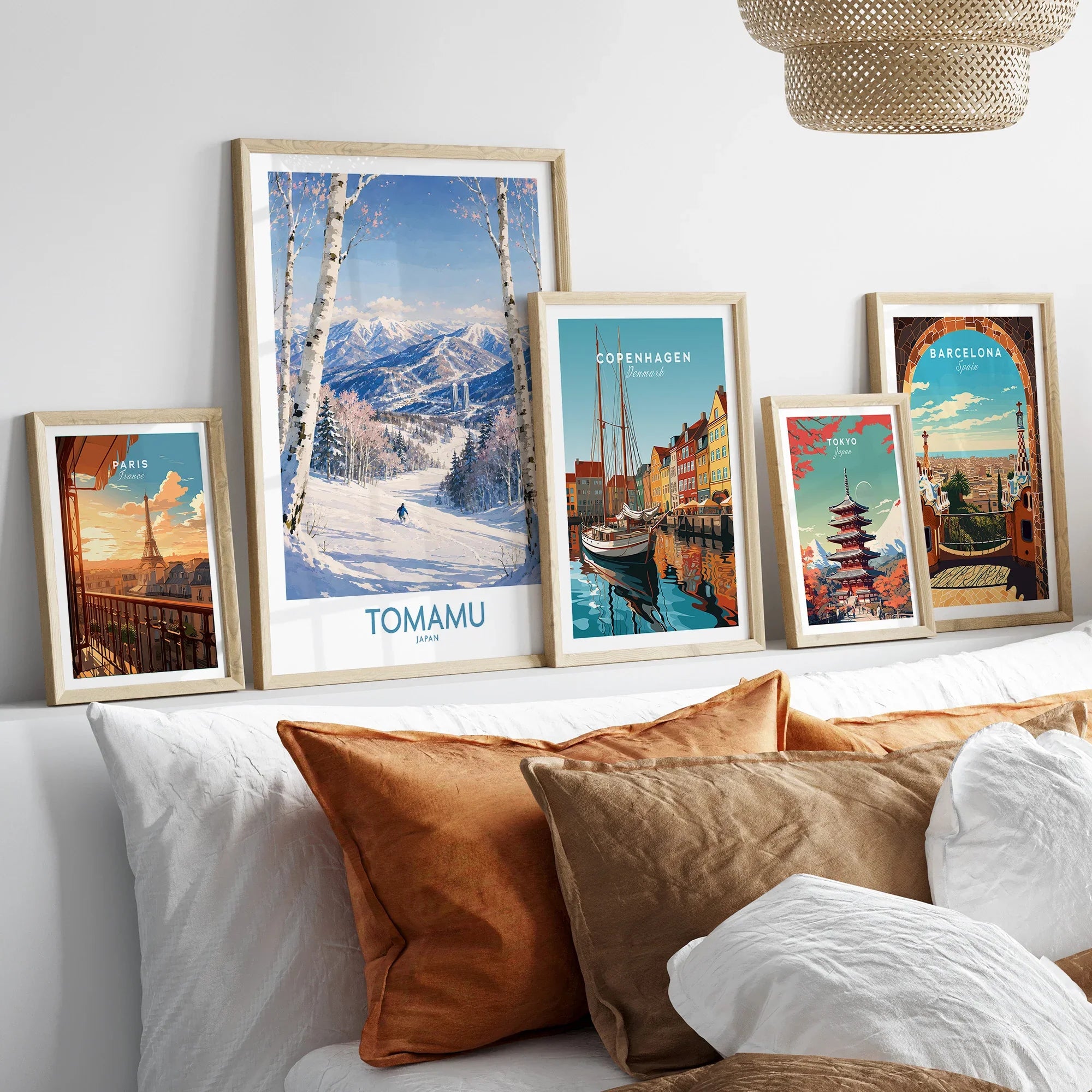 Tomamu Japan Mountains Wall Art — set five framed artprints above bed natural wood frames
