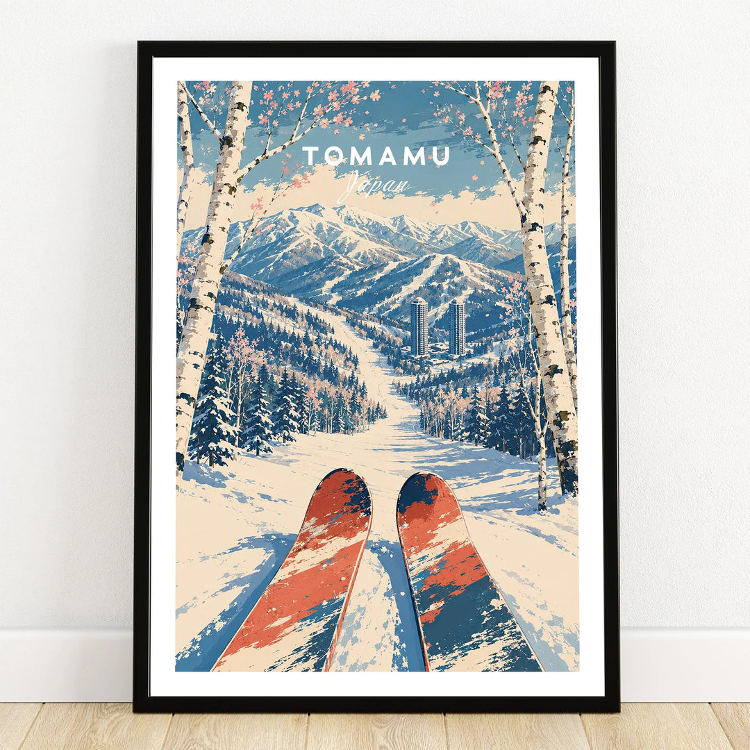 Tomamu Japan Ski Run Travel Poster — art print in black frame on wooden floor