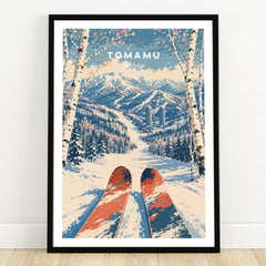Tomamu Japan Ski Run Travel Poster — art print in black frame on wooden floor