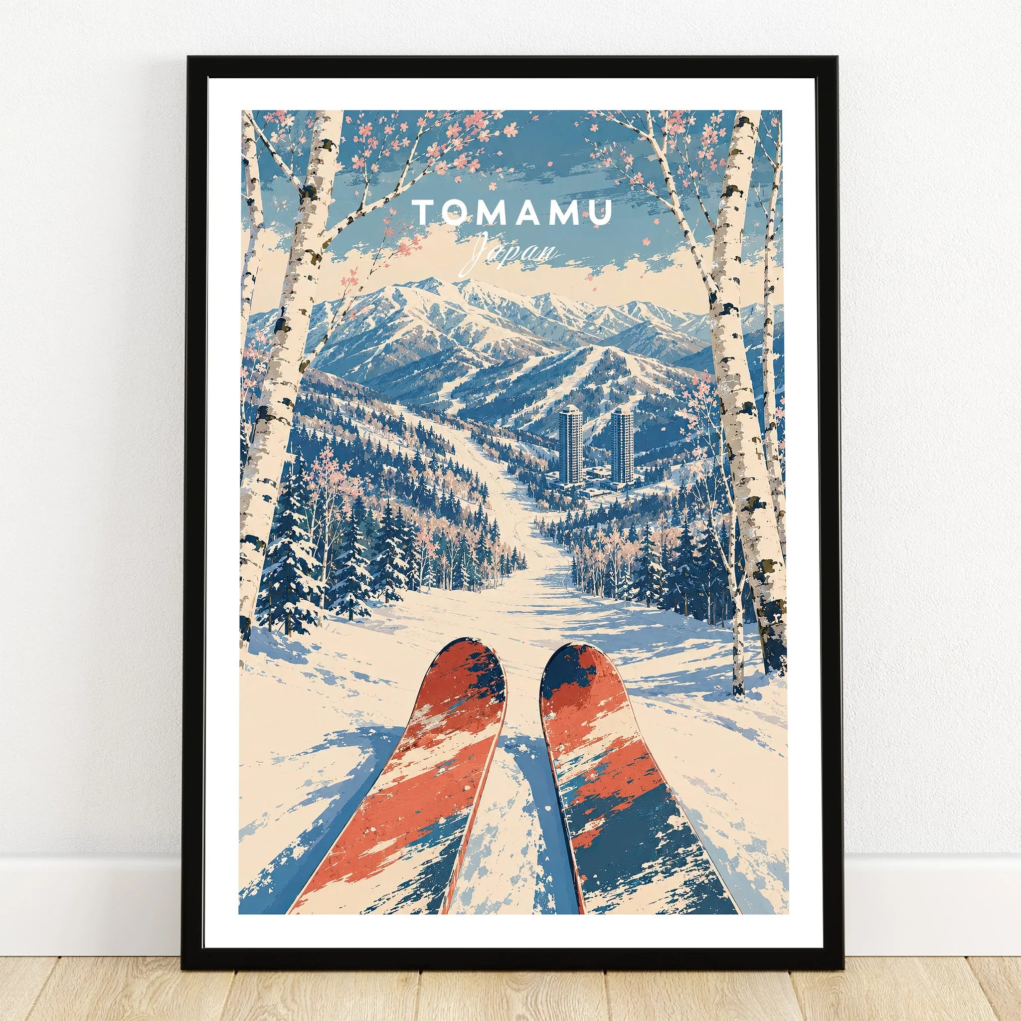 Tomamu Japan Ski Run Travel Poster — art print in black frame on wooden floor