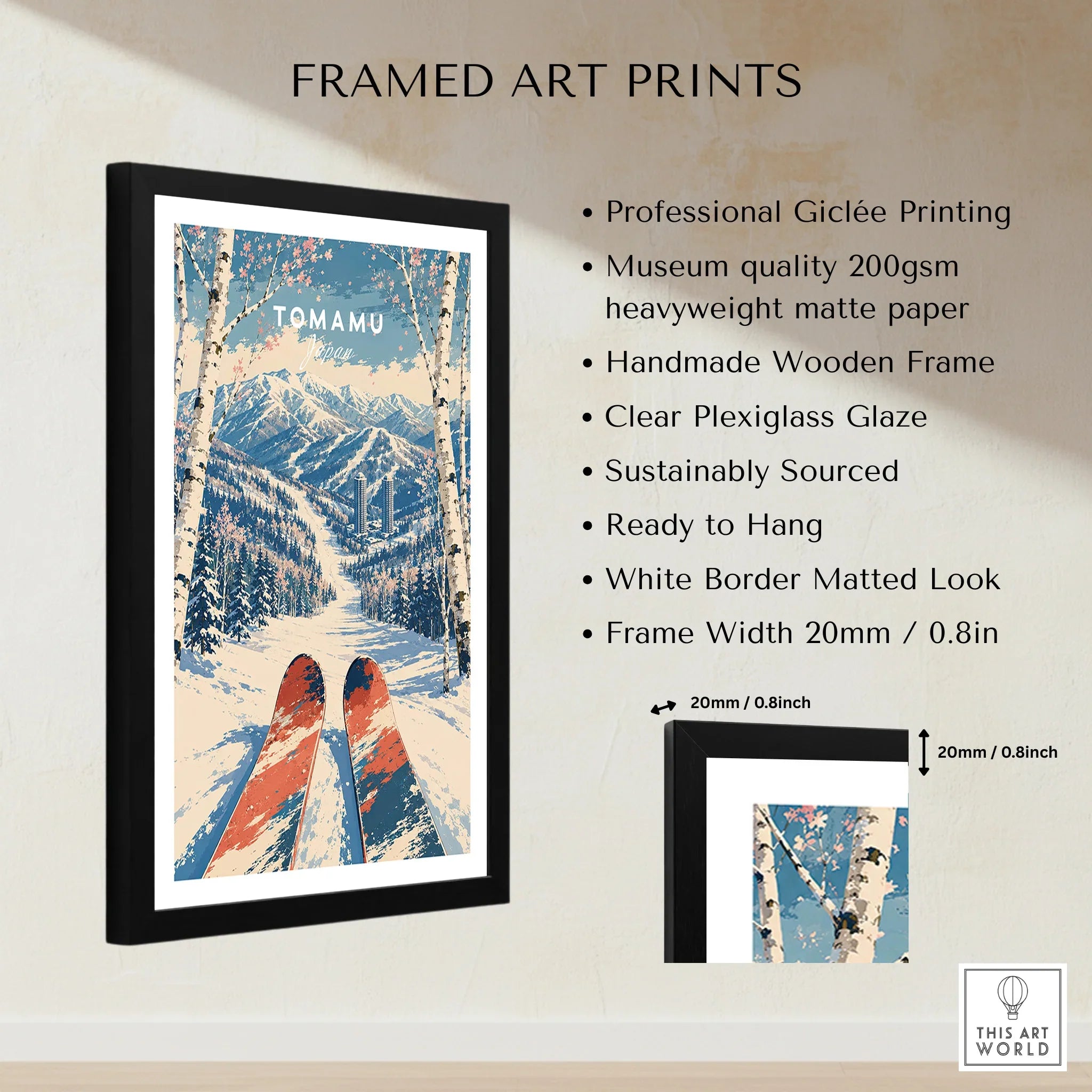Tomamu Japan Ski Run Travel Poster — framed print details measurements quality details