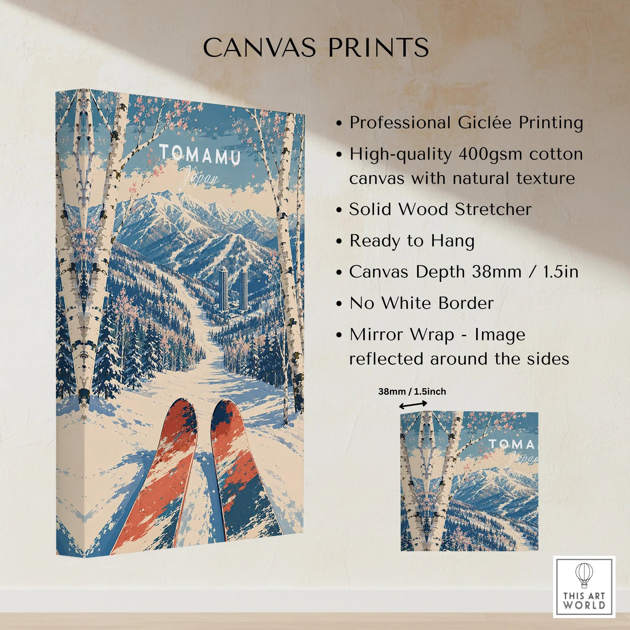 Tomamu Japan Ski Run Travel Poster — canvas print stretched cotton canvas details
