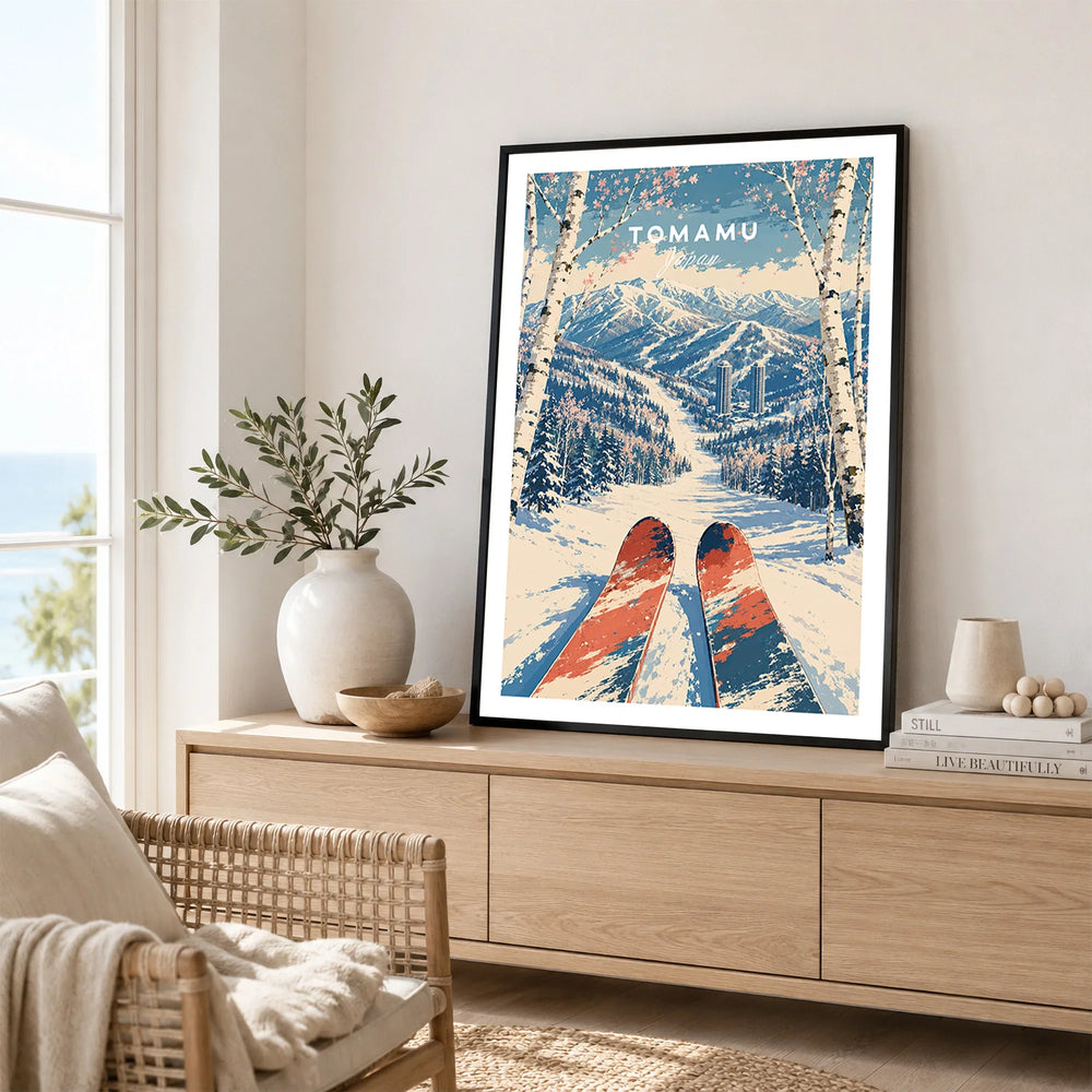 Tomamu Japan Ski Run Travel Poster — framed artwork living room lifestyle setting