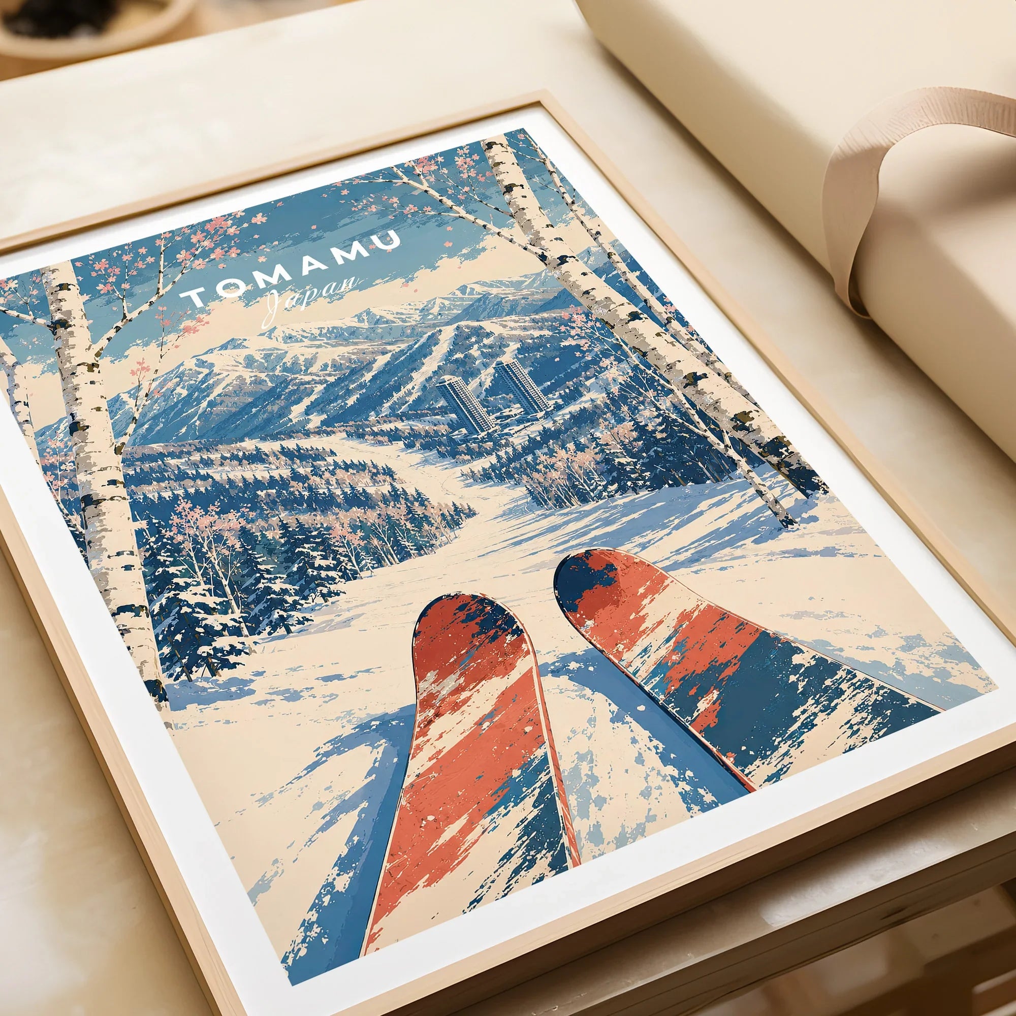 Tomamu Japan Ski Run Travel Poster — framed art print closeup gift unwrapped natural frame