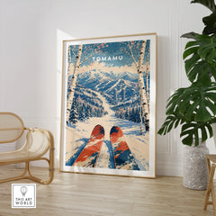 Tomamu Japan Ski Run Travel Poster — large framed print room setting chair plant