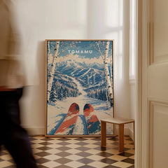 Tomamu Japan Ski Run Travel Poster — framed canvas on floor man walking past
