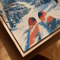 Tomamu Japan Ski Run Travel Poster — closeup framed canvas natural wood floating frame
