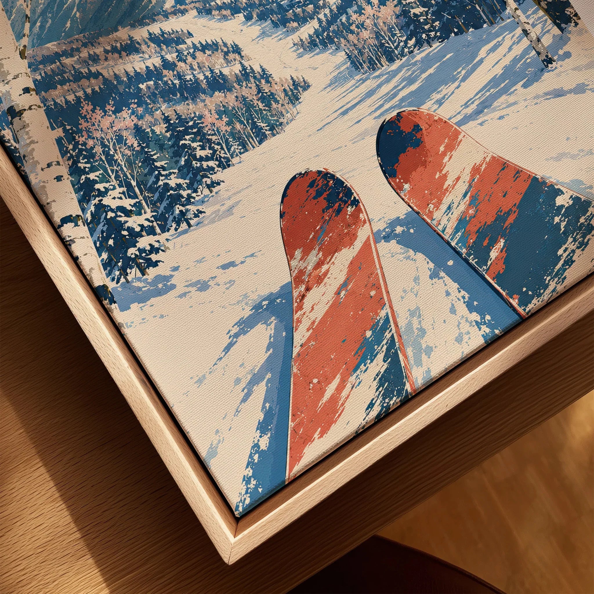 Tomamu Japan Ski Run Travel Poster — closeup framed canvas natural wood floating frame