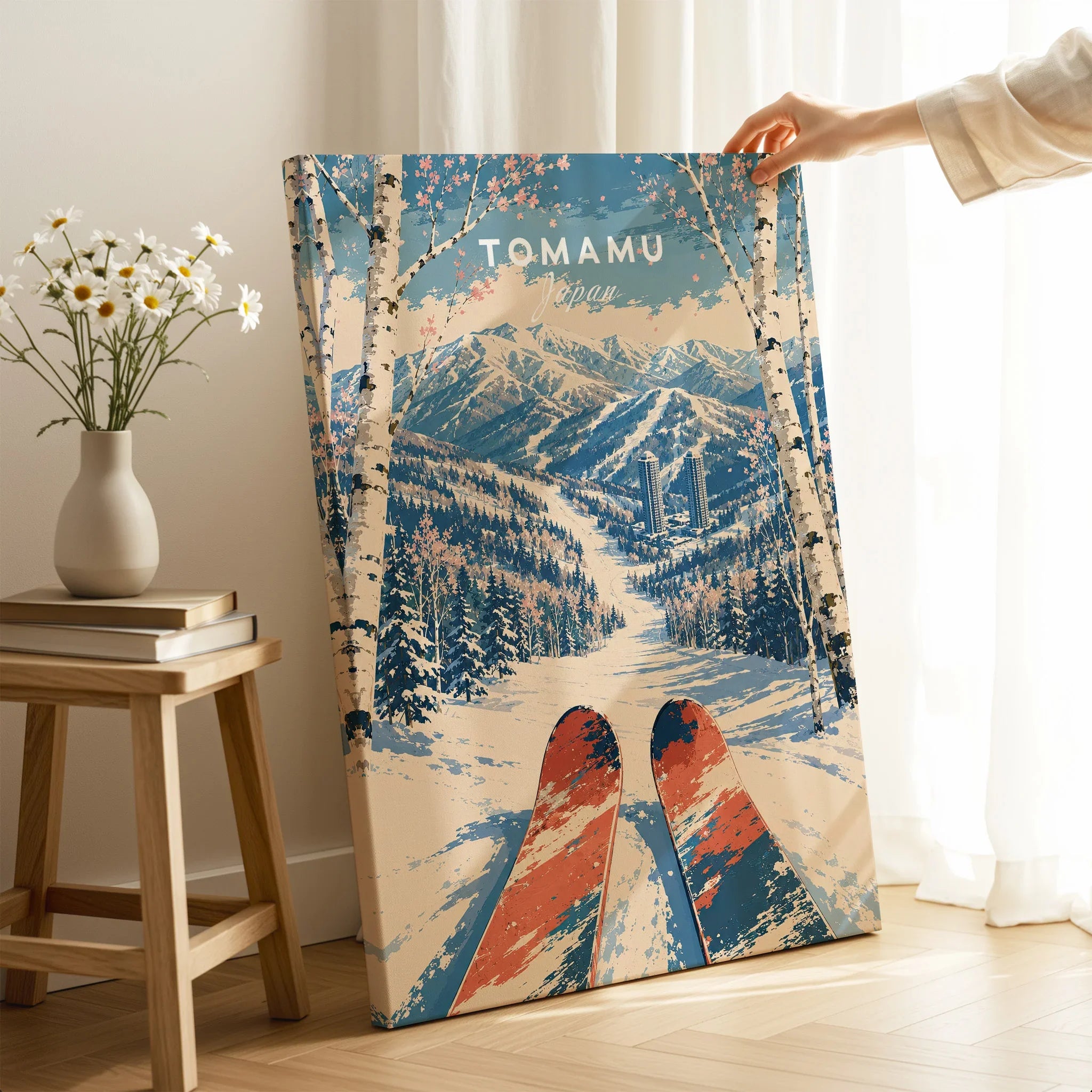 Tomamu Japan Ski Run Travel Poster — canvas print mirror edge hand holding room setting