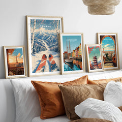 Tomamu Japan Ski Run Travel Poster — set five framed artprints above bed natural wood frames